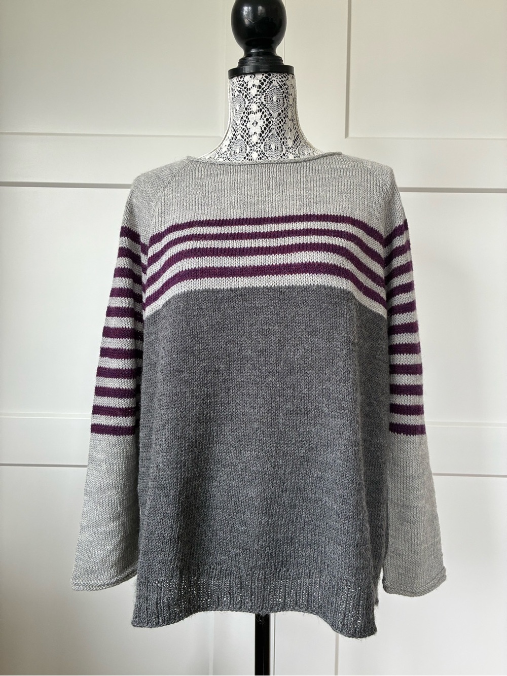Hand Knit Wool Striped Knit Sweater in Gray and Purple
